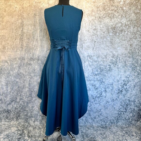 Teal Asymetrical Dress with Lace Up Back Ribbons - S - Picture 7 of 10